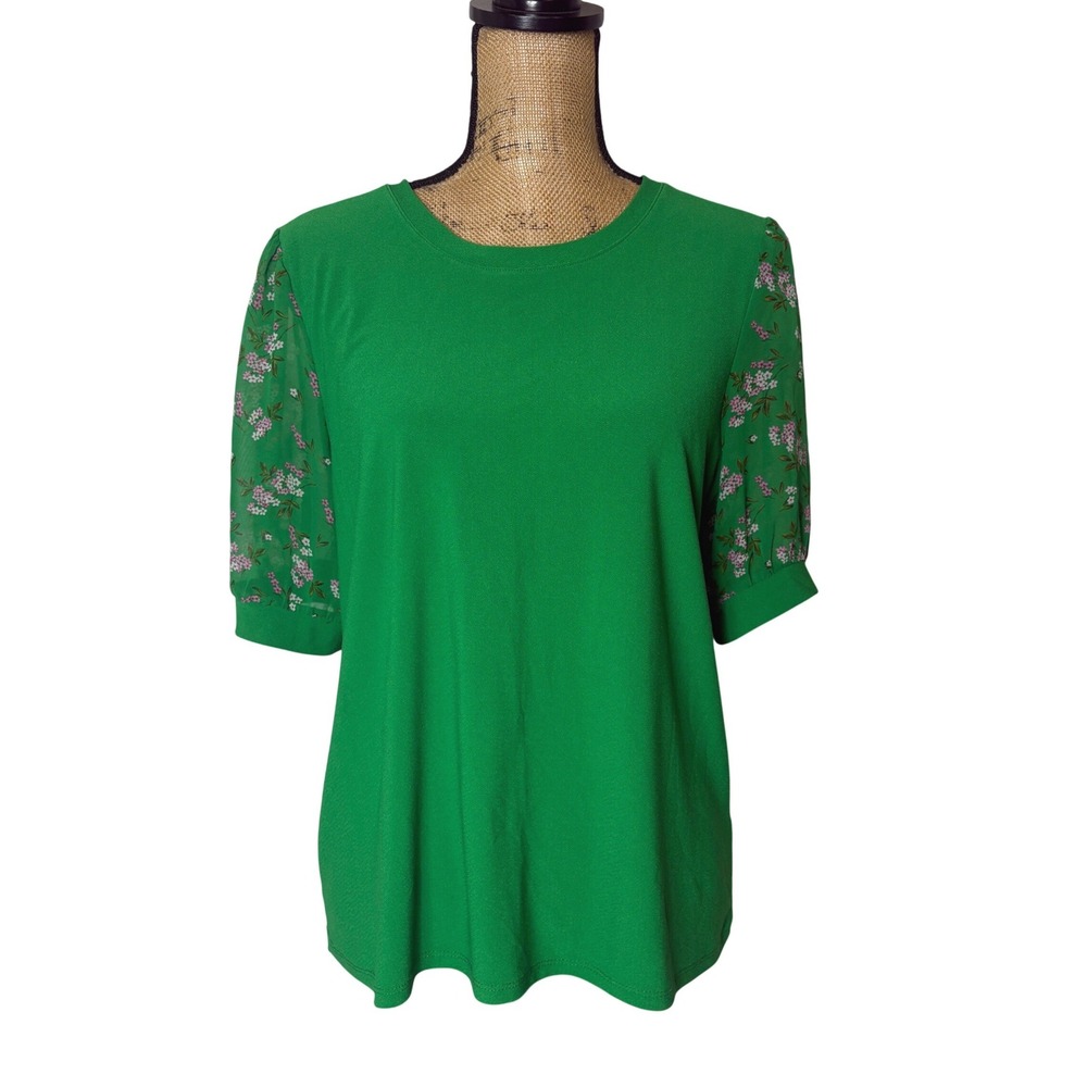 CeCe Kelly Green Floral Puff Sleeve Blouse‎ Crepe Business Casual Size Large